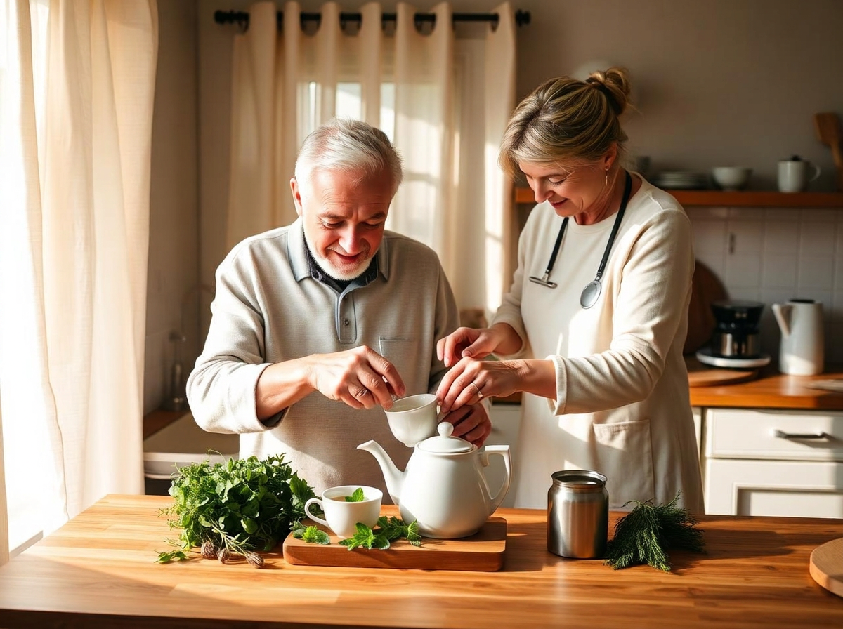 Caregiver and older man preparing tea together in a warmly lit kitchen