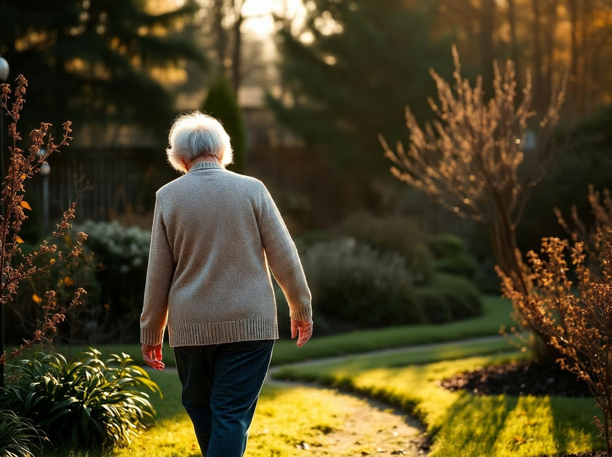Caregiver supporting an elderly woman on a garden walk