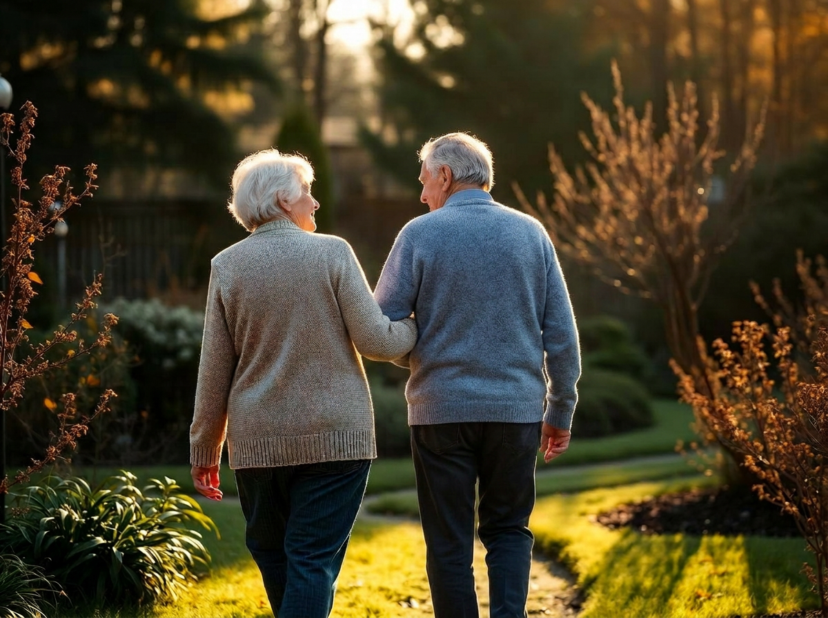 Caregiver supporting an elderly woman on a garden walk